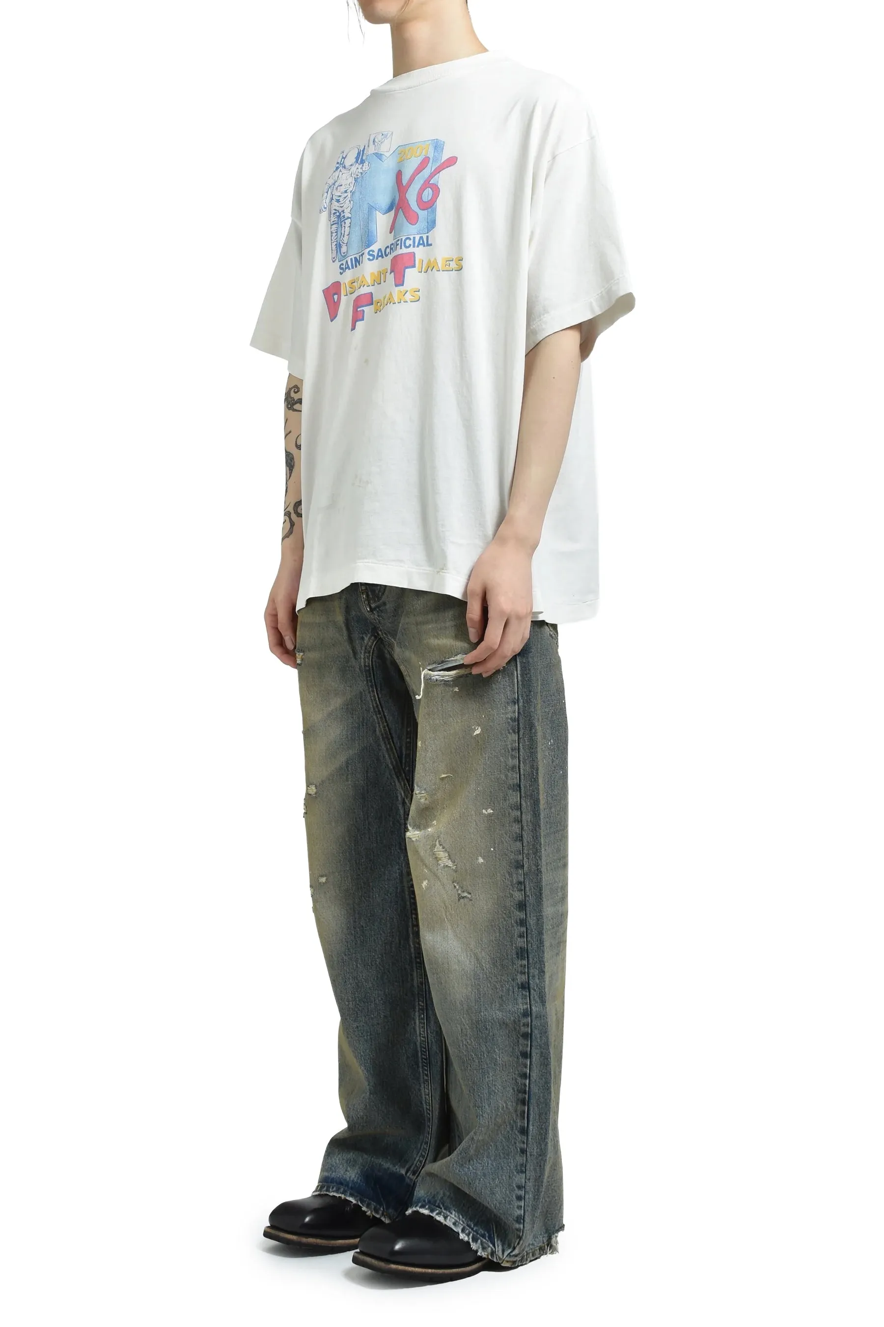 SAINT Mxxxxxx × Sean Wotherspoon SW_SS TEE/ASTRO/WHT SW joint retro enzyme-washed old tee Astronaut distressed short-sleeved off-white S-XL Correct version Customized SW joint wash water label Original development Production without looking at pictures Printing pixel level restoration Handmade acrylic ready-made clothing graffiti ink